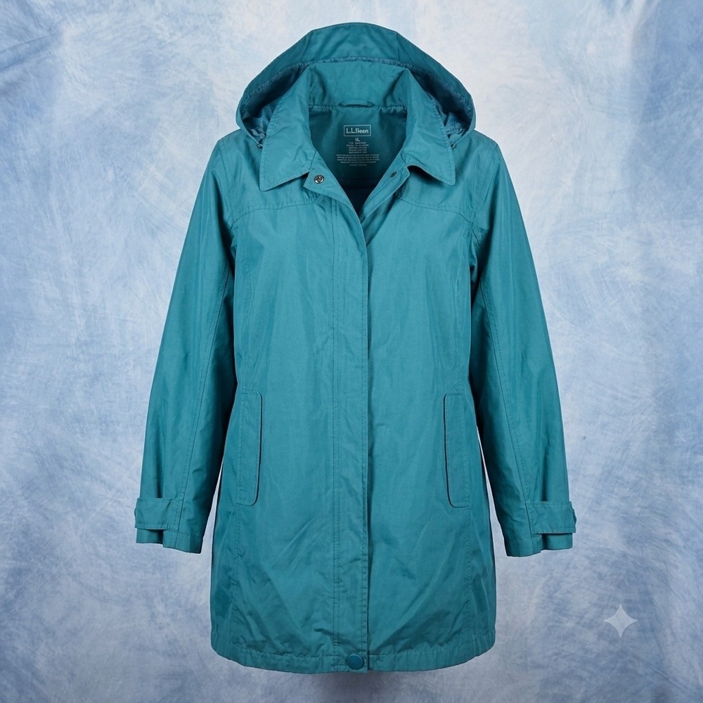 LL Bean H2OFF Rain Jacket Womens XL Teal Blue Hooded Trench Coat 265176
